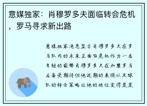 意媒独家：肖穆罗多夫面临转会危机，罗马寻求新出路