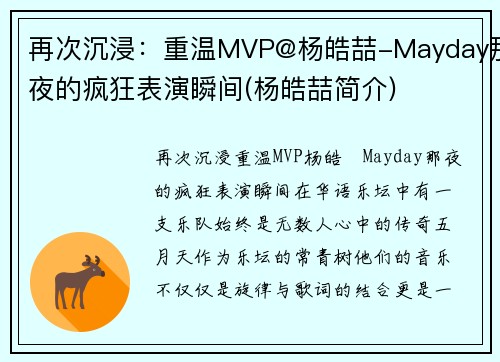 再次沉浸：重温MVP@杨皓喆-Mayday那夜的疯狂表演瞬间(杨皓喆简介)