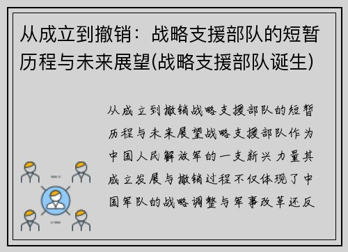 从成立到撤销：战略支援部队的短暂历程与未来展望(战略支援部队诞生)