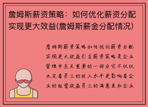 詹姆斯薪资策略：如何优化薪资分配实现更大效益(詹姆斯薪金分配情况)
