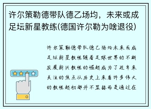 许尔策勒德带队德乙场均，未来或成足坛新星教练(德国许尔勒为啥退役)