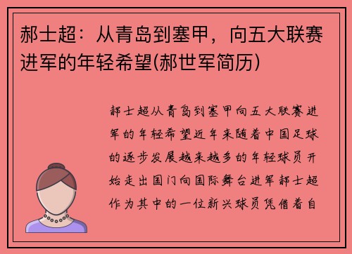 郝士超：从青岛到塞甲，向五大联赛进军的年轻希望(郝世军简历)