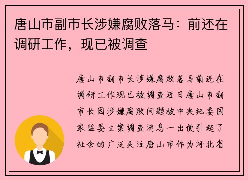 唐山市副市长涉嫌腐败落马：前还在调研工作，现已被调查