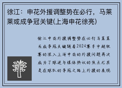 徐江：申花外援调整势在必行，马莱莱或成争冠关键(上海申花徐亮)