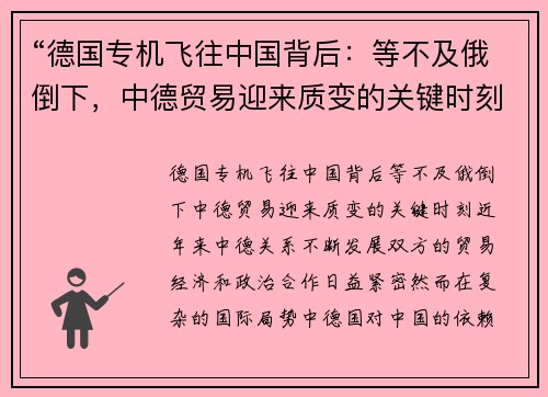 “德国专机飞往中国背后：等不及俄倒下，中德贸易迎来质变的关键时刻”