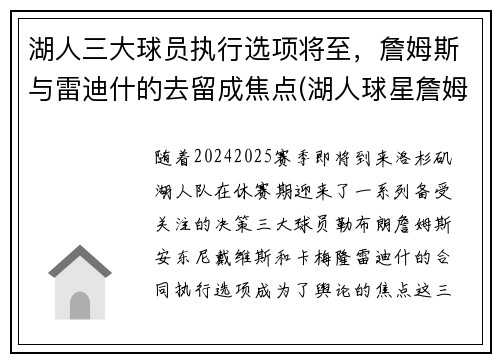 湖人三大球员执行选项将至，詹姆斯与雷迪什的去留成焦点(湖人球星詹姆斯)