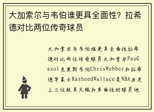 大加索尔与韦伯谁更具全面性？拉希德对比两位传奇球员