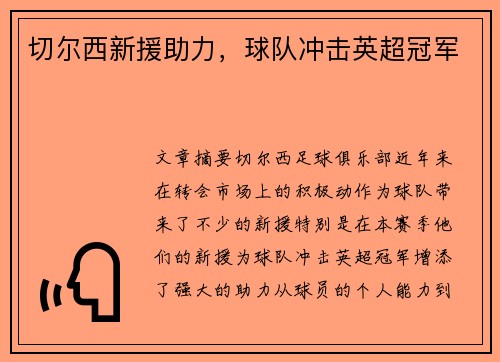 切尔西新援助力，球队冲击英超冠军